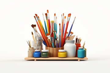 Obraz premium Art supplies with brushes, pencils, and colors isolated on a white background