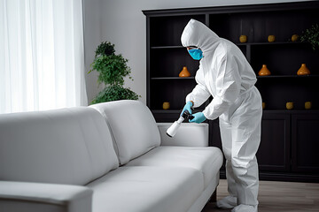 A disinfectant in a protective suit sprays furniture to get rid of bed bugs.