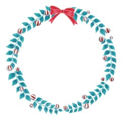 Fern leaves with peppermint candy ball and bow Christmas wreath illustration for decoration on Christmas ornament sign.