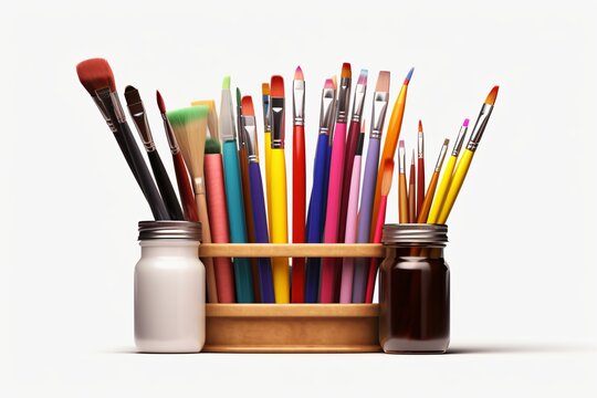 Art supplies with brushes, pencils, and colors isolated on a white background