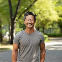 Naklejka na ściany i meble 40s Asian Man Diverse T Shirt Model Mockup Blank Grey Gray Shirt 