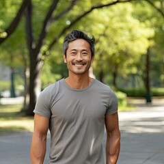 Middle Aged Asian Man Diverse T Shirt Model Mockup Blank Grey Gray Shirt 