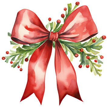 Watercolor Christmas red ribbon isolated clipart