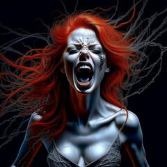 Emotional portrait of a red-haired girl on a dark background.