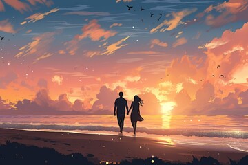 two couples walking on the beach under the setting sun generative ai - obrazy, fototapety, plakaty