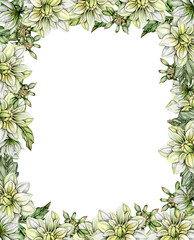 Flowers square frame with dahlia, watercolor illustration for cards, backgrounds, scrapbooking. Hand drawn background with flower for your design. Perfect for wedding invitation.