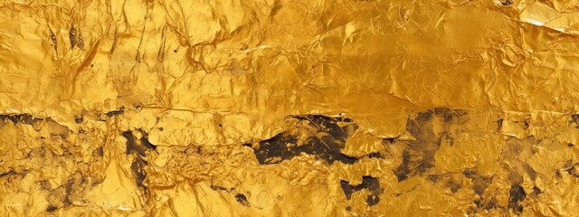 Seamless gold leaf background texture. Shiny golden yellow crumpled metallic foil repeat pattern. Modern abstract luxury gilded age wallpaper. Christmas glitter decoration backdrop