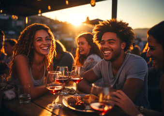 Smiling young people drinking wine at a beach party on a summer evening - obrazy, fototapety, plakaty