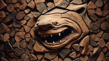 Wood shark. Animal faces made of wood. Wild, brutal nature.