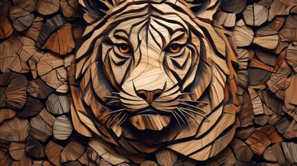Wood tiger. Animal faces made of wood. Wild, brutal nature.