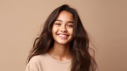 Fototapeta premium In this delightful image, a young teen girl's captivating smile brings an aura of positivity to the scene.