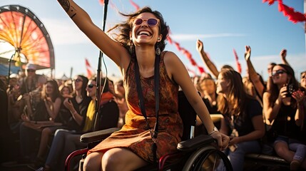 Inclusive Festival Joy: Vibrant Selfie of Wheelchair User Amid Dance Crowd - obrazy, fototapety, plakaty