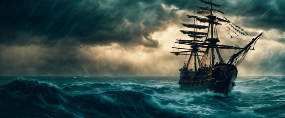 Naklejka premium A pirate ship under a storm in the ocean. Panoramic view.