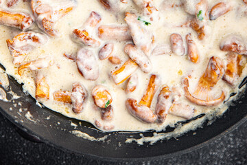 fresh chanterelle julienne mushroom cream sauce tasty meal food snack on the table copy space food background rustic top view 