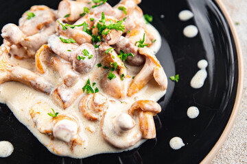 fresh chanterelle julienne mushroom cream sauce tasty meal food snack on the table copy space food background rustic top view 