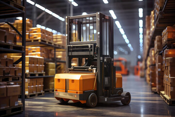 Automated Forklift doing storage in a warehouse managed by machine learning and artificial intelligence automation, robotics applied to industrial logistics - Powered by Adobe