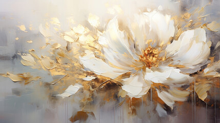 a painting of a white flower on a gray background.   Acrylic Painting of a Gold color flower, Perfect for Wall Art.