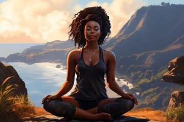 Fototapeta na wymiar Plus size dark-skinned girl doing yoga against the backdrop of a peaceful landscape