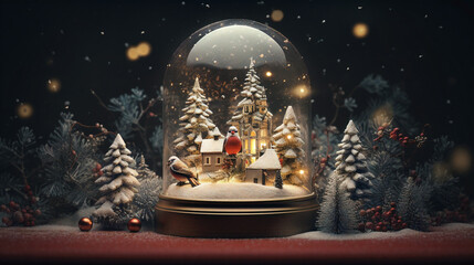 Birds sitting in a glass dome Merry Christmas background. Holiday season, birdhouse, pine trees, night, toy, miniature, Generative AI. - obrazy, fototapety, plakaty