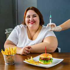 overweight woman eats a burger while getting a weight loss shot - 660467289