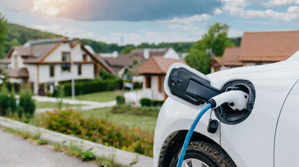 Electric car is charged in suburb - 660467294