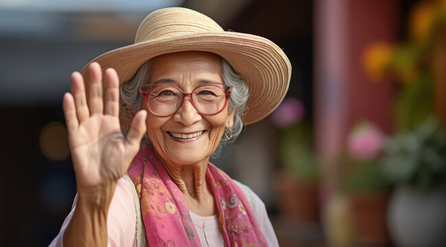 Elderly woman say hi or goodby