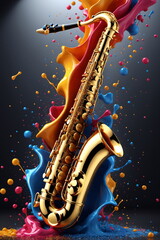 Fototapeta na wymiar Musikinstrument Saxophon mit Farbspritzexplosion oder Farbpartikel-Splash zum World Day of Music und Weltmusiktag