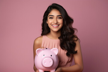 Fototapeta na wymiar Young indian woman holding piggy bank in hand. saving concept.