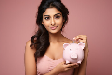 Young indian woman holding piggy bank in hand. saving concept.