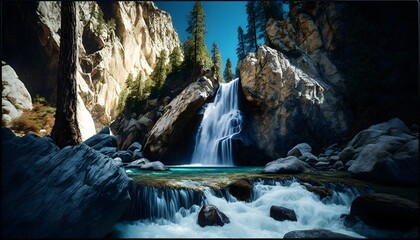 spectacular mountain waterfall photorealistic ultra wide angle lens UHD 16k modern photography super sharp focus color correction 35mm gamma build complementary colors global illumination  - obrazy, fototapety, plakaty