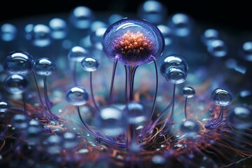 Futuristic depiction of water droplet with microscopic organisms. Generative AI