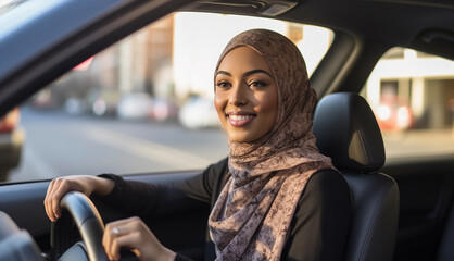 Modern Happy Black Muslim Lady In Hijab Sitting On Driver's Seat In Car Keeping Steering Wheel, Religious Lady Making Test Drive In Her New Vehicle. Modern muslim business woman driving car