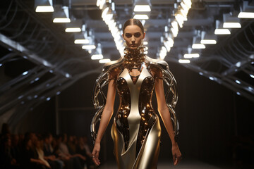 Fototapeta na wymiar In a futuristic fashion show, a female model in metallic attire glides down the catwalk, her robotic-inspired walk adding an element of high-tech allure to the presentation. 