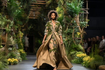 Obraz na płótnie Canvas On a catwalk surrounded by lush greenery, a model dons eco-friendly attire, her walk exuding both style and sustainability, making a powerful fashion statement. 