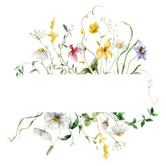 Watercolor floral frame of meadow flowers, poppies, cornflowers, chamomiles and clover. Hand painted illustration isolated on white background. For design, print, fabric or background.