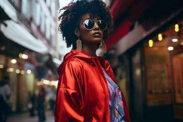 In a high-energy streetwear fashion show, a female model oozes urban coolness as she walks the runway, her style a reflection of the city's trendy vibe.  - obrazy, fototapety, plakaty