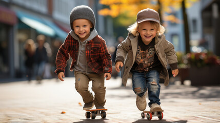 Two little boys riding a skateboard on the street in autumn day.