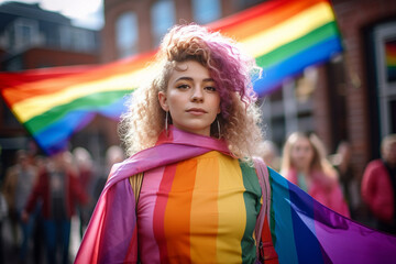 In a city square adorned with rainbow decorations, a woman poses with the flag, her proud stance...