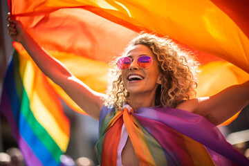 Amid a lively LGBTQ+ parade, a woman dances with the rainbow flag, her vibrant movements celebrating love and diversity with the effervescence of the moment.  - obrazy, fototapety, plakaty
