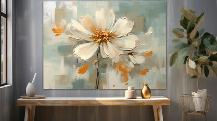a painting of a large white flower on a wall.   Acrylic Painting of a Gray color flower, Perfect for Wall Art.