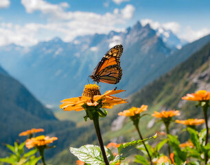 mariposa monarca sobre flor con fondo montañoso - obrazy, fototapety, plakaty