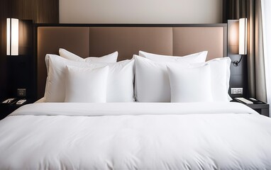 Bed with white pillows in hotel. AI, Generative AI