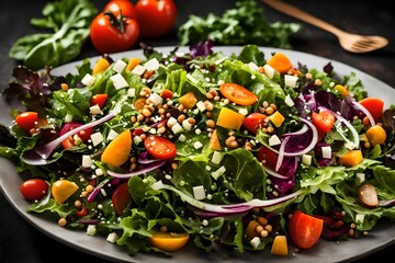 Create an image of a close-up of a colorful salad with mixed greens, vegetables, and a drizzle of vinaigrette - obrazy, fototapety, plakaty