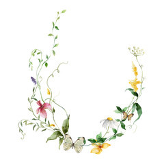 Watercolor floral wreath of meadow flowers, chamomile, grasses, cornflower and butterfly. Hand painted illustration isolated on white background. For design, print, fabric or background.