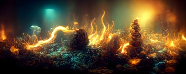 underwater environment swallowing encapsulated fire element trying to survive and magnificent transcendental Earth 10000 in 6th dimensional atmospheric ethereal lighting photographic photographic 