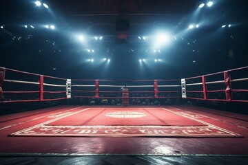 Captivating vacant boxing ring in spotlight during the event. Generative AI - obrazy, fototapety, plakaty