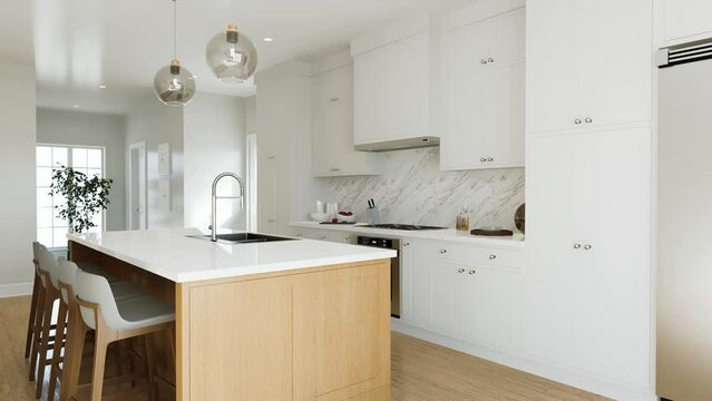 Traditional American kitchen with wooden island and kitchen appliances. 