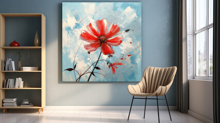 a painting of a red flower on a blue wall.   Acrylic Painting of a Gray color flower, Perfect for Wall Art.