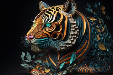 Fototapeta na wymiar quilling colorful 3D tiger intricately detailed hyperdetailed Unreal Engine 5 volumetric lighting digital illustration 