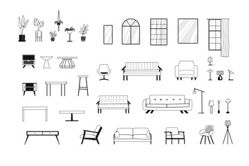 Furniture outline set of couches, armchairs, tables, drawers, lamps, windows, flowerpots for constructing interior designs. - obrazy, fototapety, plakaty